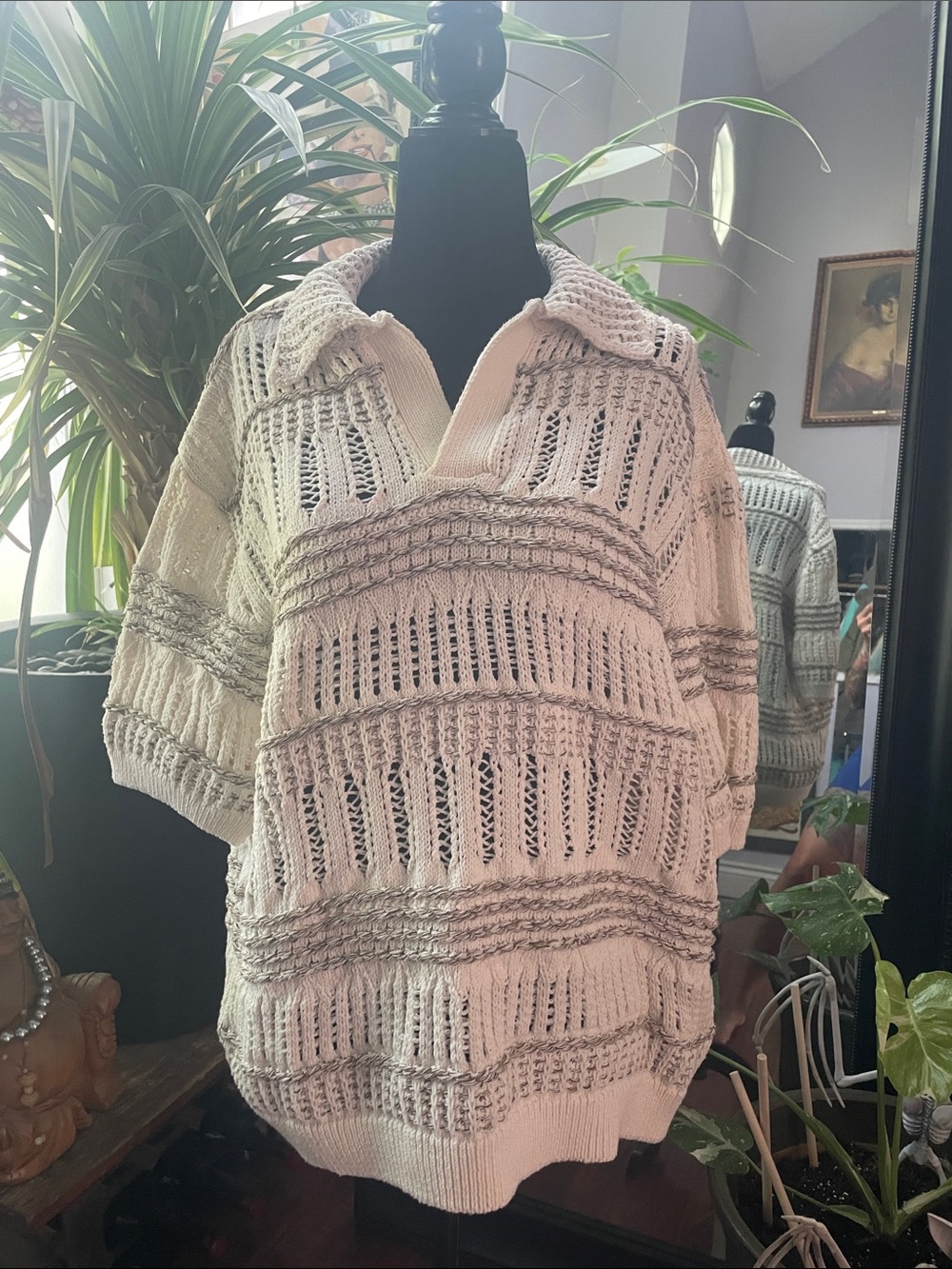 Zara cream and brown knit short sleeve polo. Size XL.